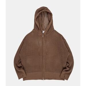 Aelfric Eden Open-Knit Mesh Hoodie Full-Zip Sweater Cardigan Brown - Size S